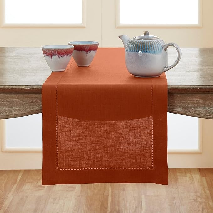 Solino Home Linen Table Runner 120 Inches Long - 100% Pure Linen Cinnamon Table Runner 14 x 120 Inch - Classic Hemstitch