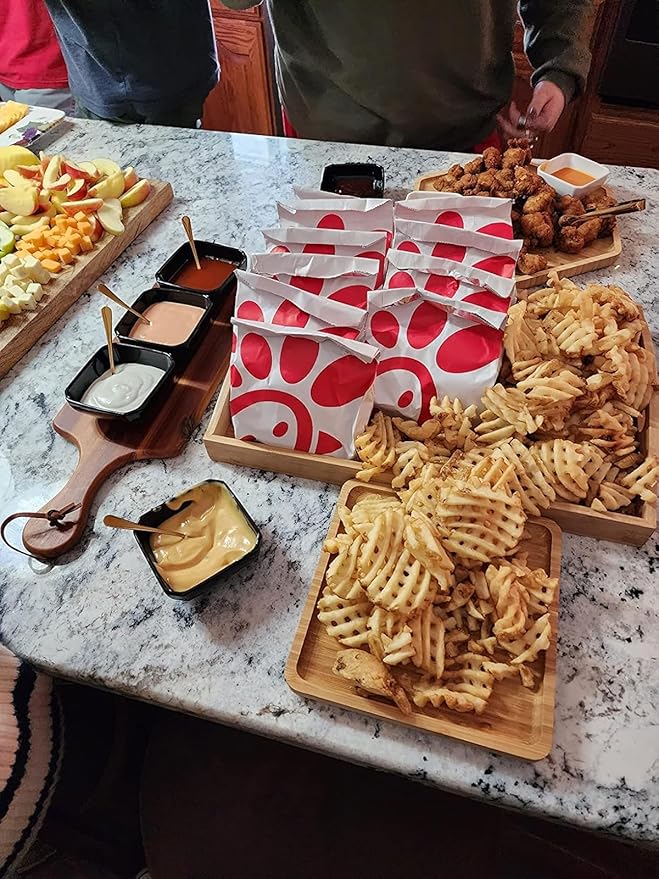 Bamboo Serving Trays Cutting Boards 16.5"x11.8"（42x30cm with Handle, Set Includes 0.63"(1.6cm) Thick Plates 1xHexagon 12.5"(32cm)+1xSquare 7.8"(20cm)+1xSquare 5.9"(15cm) for Family Dinner