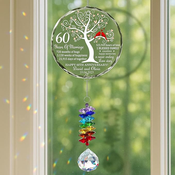 Personalized Anniversary Christmas Ornament – Custom 60 Years Married Glass Keepsake for Couple, Husband and Wife, Parents – Wedding Tree Decoration with Red Cardinals Gift Idea