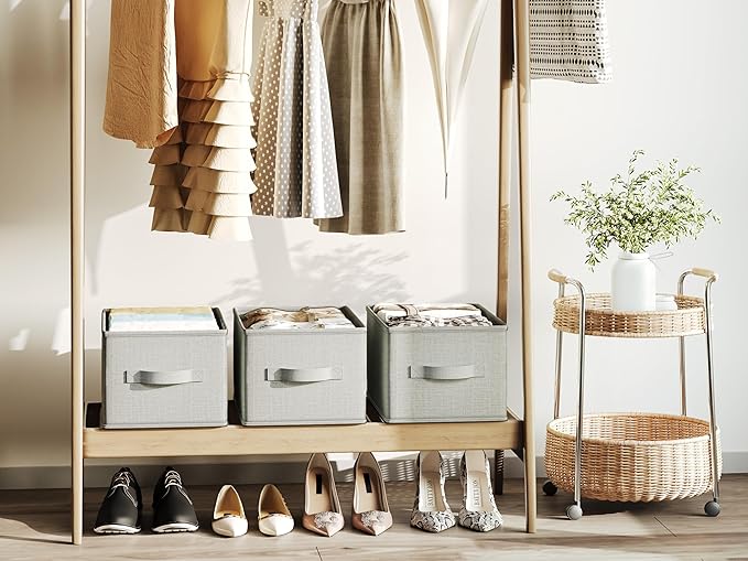 3 Pack Fabric Storage Bins for Shelves | 14.75x10.25x8.25 in Storage Baskets | Fabric Closet Organizers with Handles Home Organization | Linen Clothes Storage Bins | Light Gray