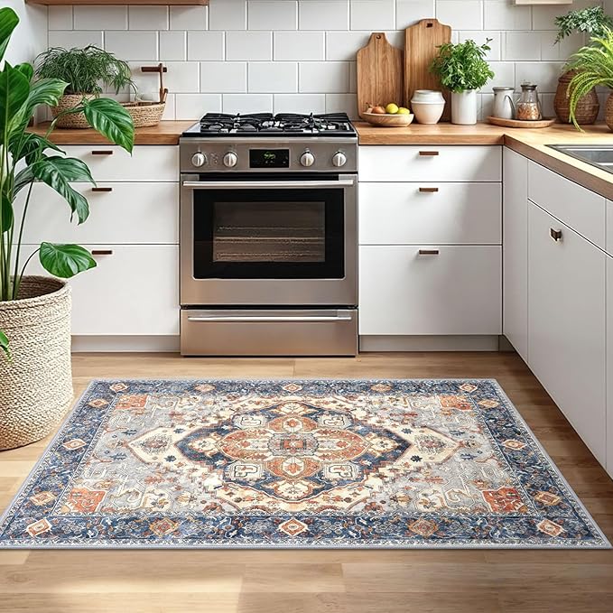 3x5 Washable Area Rug for Entryway, Ivory Blue Soft Boho Rug with Non-Slip, Low-Pile Vintage Floor Area Rugs for Living Room Bedroom Dining, Dorm Carpet with Non-Shedding