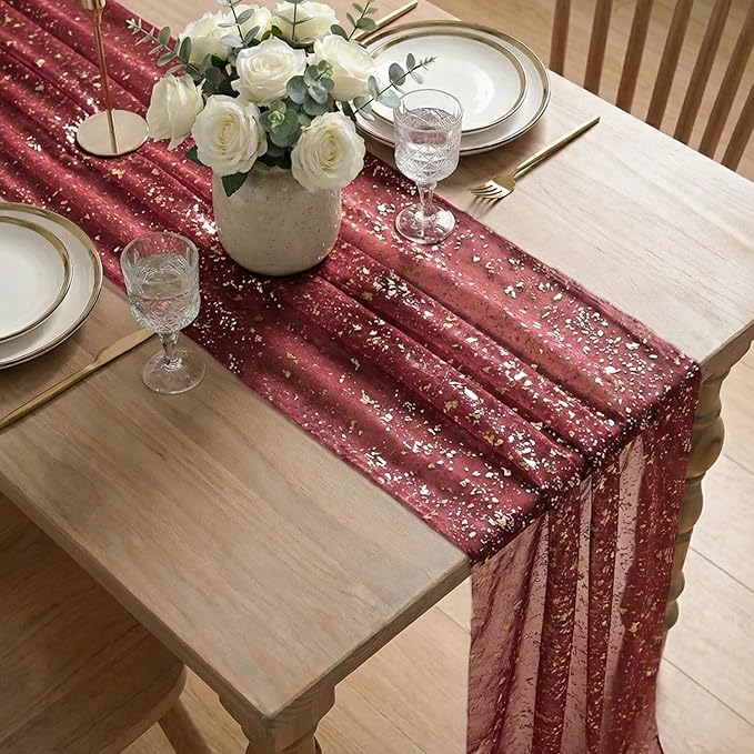 Artoid Mode Burgundy Gold Gauze Table Runner 120 Inch 10FT, Glitter Metallic Foil Sheer Dining Wedding Anniversary Holiday Birthday Table Decor for Home Party