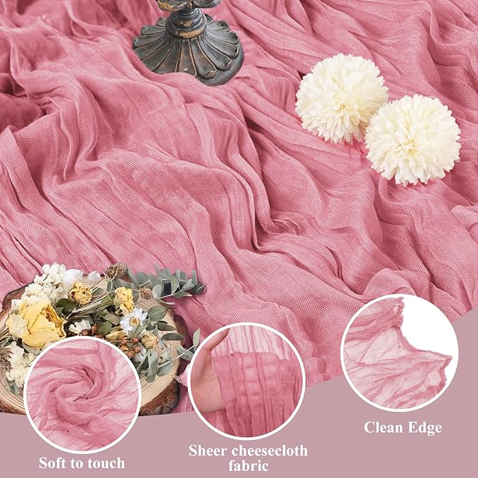 Asee'm 6pcs Cheesecloth Table Runner 120 Inches Dusty Rose Boho Gauze Cheese Cloth Runner 10FT Rustic Sheer Table Runners for Summer Wedding Baby Shower Holiday Party Decoration