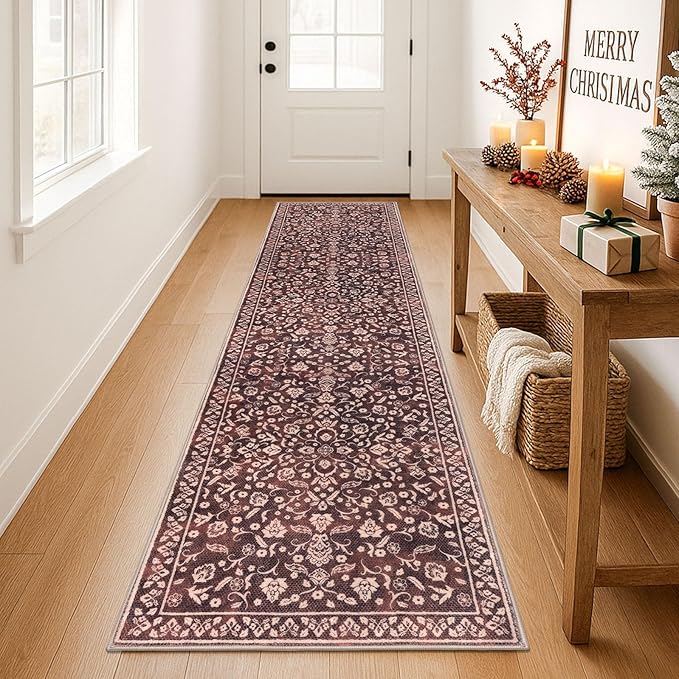 Vintage Washable 2x8 Runner Rug Non Slip, Burgundy Hallway Runner Rug, Super Soft Kitchen Runner Rug, Printed Faux Wool Thin Carpet Runner for Entryway Indoor Laundry Room Bedroom
