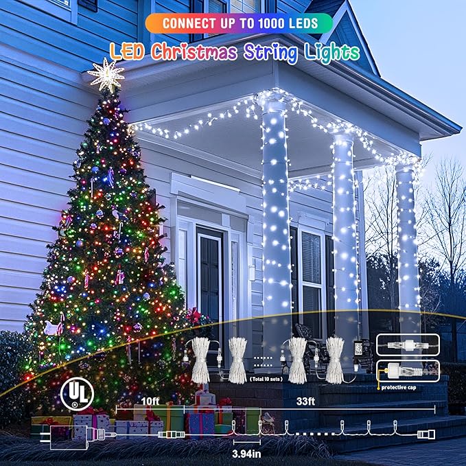 JMEXSUSS 2 Pack 100 LED Color Changing Christmas Lights Indoor, 33ft Cool White & Multicolor Christmas Lights Outdoor Waterproof, Clear Wire String Light Plug in for Xmas Tree Bedroom Decorations