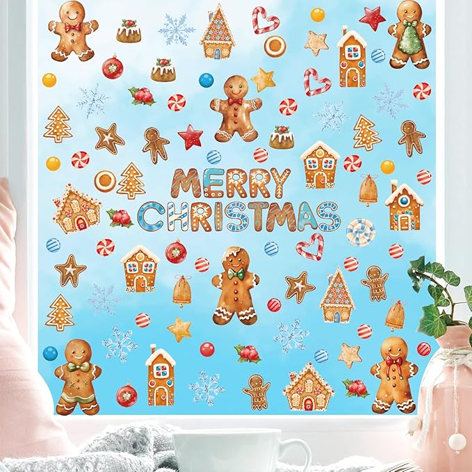 Christmas Window Clings Gingerbread Man,Merry Christmas Wall Stickers,Gingerbread Cookie Window Stickers Candy,Xmas Snowflake Wall Decals for Party Home Living Room Bedroom