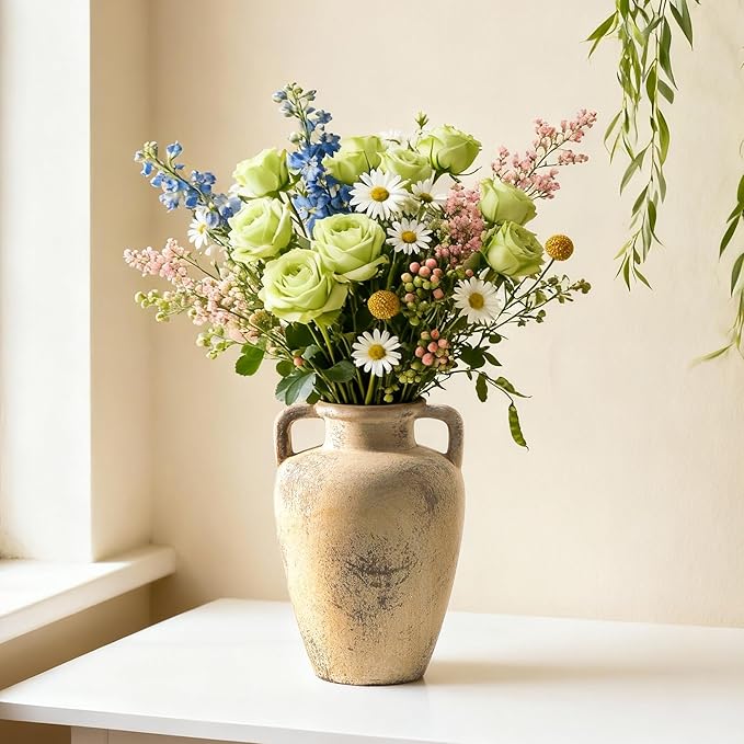 Rustic Vase for Flower, 8.85 inch Ceramic Vintage Vases with Handle, Tall Terracotta Christmas Farmhouse Vase for Home Decor, Living Room Shelf Decor, Enterway, Table, Lyeec