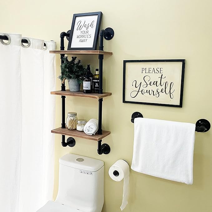 ROGMARS Industrial Pipe Shelving Solid Wood Floating Bathroom Shelves Wall Mounted Ladder Bookshelf for Living Room Wall Decor and Storage 15 inch (3 Tier)