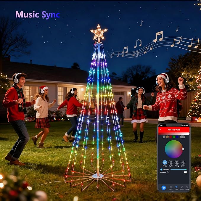 7FT Outdoor Christmas Tree, Star Tree Topper with Removable Bracket, App Control, Sync with Music, Waterfall Colored Lights, 16 Million RGB Colors, IP44 Waterproof, Holiday Christmas Decoration