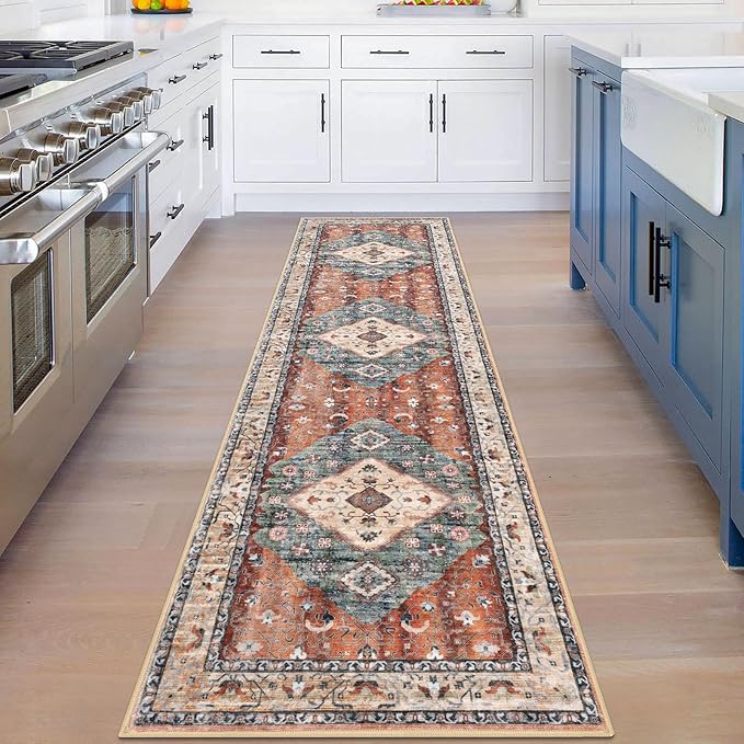 KOZYFLY Runners for Hallways 2x8 Ft Washable Kitchen Runner Rug Boho Runner Rug for Entryway Indoor Rust/Orange/Blue Printed Oriental Faux Wool Floor Carpet Runner for Bedroom Kitchen Hall