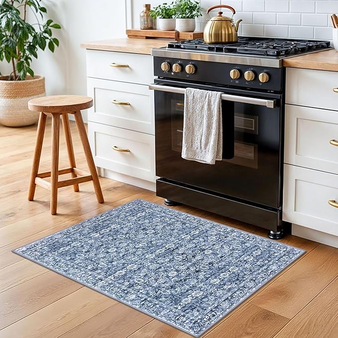 2x3 Washable Rugs for Entrance, Blue Soft Distressed Floral Area Rug, Non-Slip Low-Pile Doormat for Entryway, Dorm, Bedside, Foyer, Indoor Door Mat