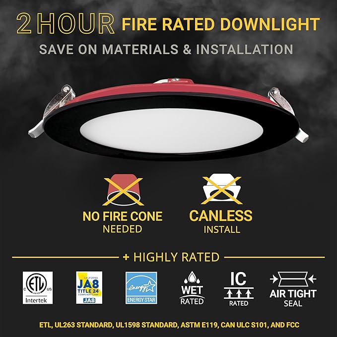 NUWATT 12 Pack Black 2 Hour 6" Fire Rated LED Recessed Lighting, 5CCT 27K/30K/35K/40K/50K, Wet & IC Rated Recessed Light, 15W, Dimmable 1200LM, 90CRI, 6 Inch Black Wafer Lights, No Tenmat Needed, ETL