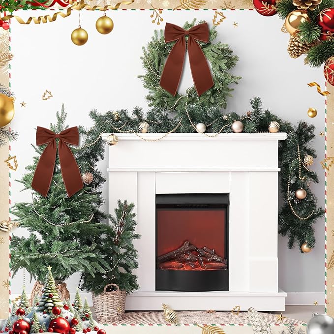 Riceshoot 2 Pcs 10 x 16 Inch Large Bows Valentine's Day Tree Decorations Velvet Ribbon Tree Topper Velvet Wreath Bows with Wired Edge for Valentines Home Fireplace Indoor Outdoor Decor (Brown)