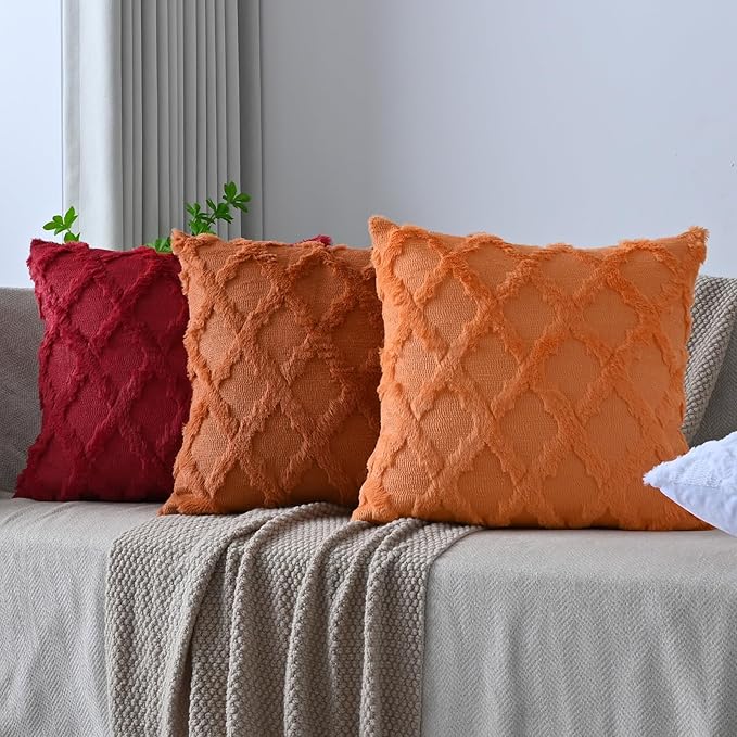 Set of 2 Soft Moroccan Throw Pillow Covers 16x16 Inch Plush Boho Decorative Pillow Cover Accent Cushion Case for Couch Sofa Bed, Burnt Orange