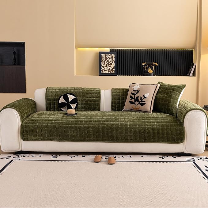 Velvet Couch Cover, Washable Sectional Sofa Cover, Anti Slip Sofa Slipcover for 3 Cushion Couch Sofa L Shaped Armrest Backrest, Furniture Protector Covers for Pets Kids(1PC,Green,36"×71")
