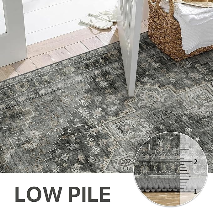 GENIMO 2x4 Runner Rugs for Hallway, Machine Washable Non Slip Vintage Rugs, Low Pile Lightweight Soft Print Rug for enrtyway, Corridor, Home Office, Kitchen, Charcoal Gray