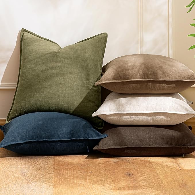 Woaboy 24x24 Inch Set of 2 Euro Decorative Linen Solid Throw Pillow Covers Boho Accent Farmhouse Christmas Pillowcases Modern Netural Home Decor for Couch Sofa Living Room Bed,Olive Green