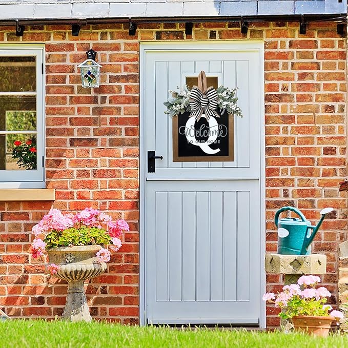 Last Name Year Round Front Door Wreath Front Porch Decoration 26 Letter Welcome Sign with Eucalyptus Garland and Bow Spring Wreaths for Front Door Outside Hanger Garland（Q）
