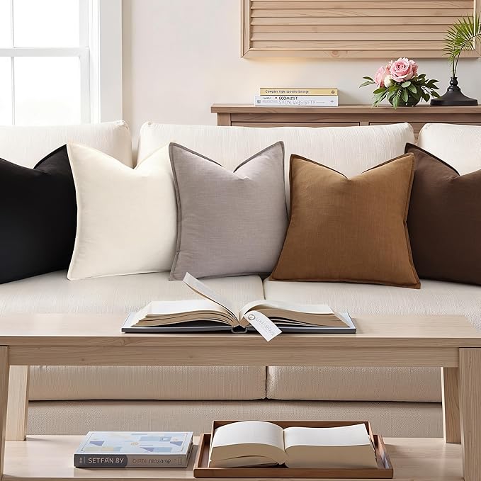 decorUhome Christmas Decorative Linen Throw Pillow Covers 24x24 Inch Set of 2 Black Soft Pillow Covers with Flange Edges Soft Farmhouse Boho Accent Pillow Cases for Couch Sofa Bed Living Room
