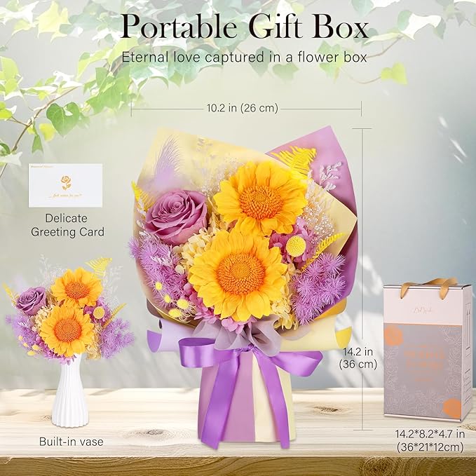 Preserved Sunflower Bouquet - Forever Flowers for Delivery, Purple Rose That Last 3 Years, Eternal flowers Bouquet for Her Mother Mom Wife Friends Birthday Sunflower Gifts for Women