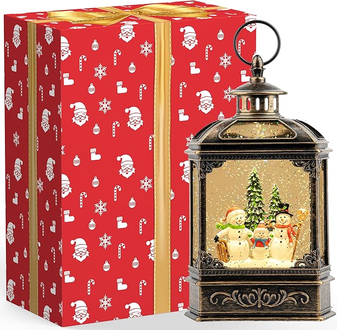Christmas Snow Globe Lantern Water Glittering Snowman Family with Music & Timer, USB Lined/Battery Operated Lighted Lantern for Christmas Festival Decoration Gifts