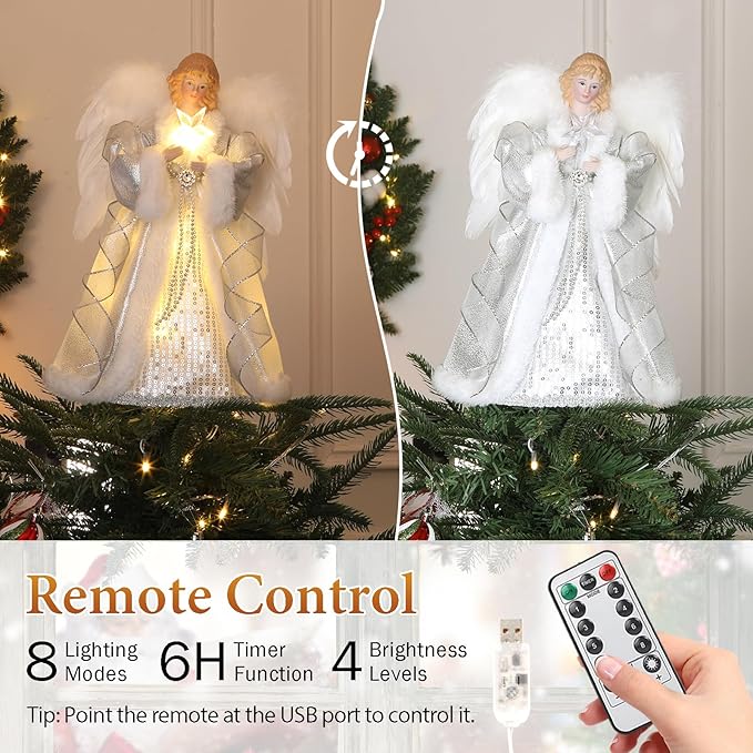 HMASYO Christmas Tree Topper Angel with Timer Lights, 12" Angel Tree Toppers with White Feather Wings, Star Light, Remote Control and USB Power Xmas Treetop Decor for Indoor Office Holiday Party