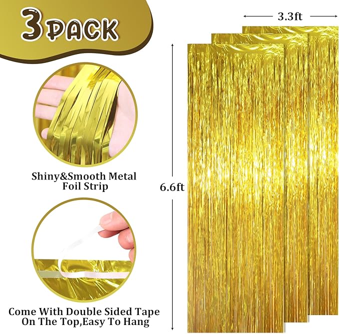 3.3 x 6.6 ft Foil Fringe Backdrop Curtains, Tinsel Streamers Party Decorations, Fringe Backdrop for Birthday, Baby Shower, Gender Reveal, Graduation (3, Gold)