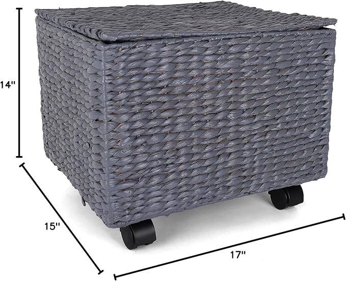 Seagrass Rolling File Cabinet - Home Filing Cabinet - Hanging File Organizer - Home and Office Wicker File Cabinet - Water Hyacinth Storage Basket for File Storage (Grey)