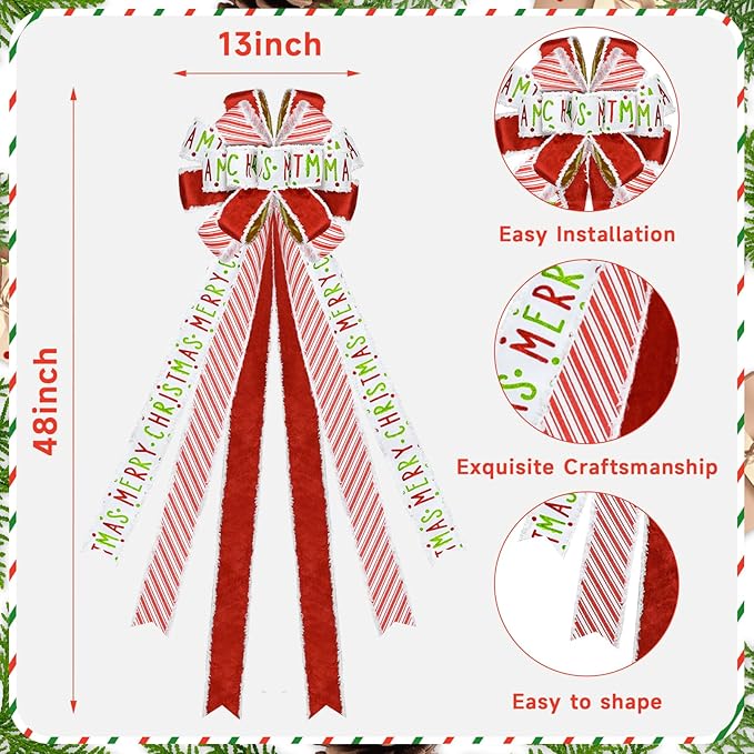 Christmas Tree Topper 48" x 13", Red Large Velvet Bow with Long Streamers, Wired Edge Decorative Bow for Wreath Door Holiday Party Festival Xmas Decoration Supplies-Red