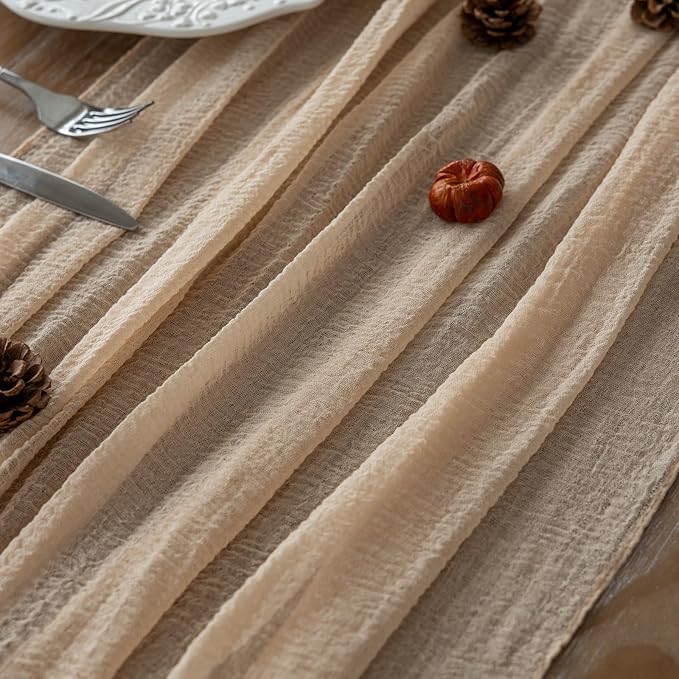 6pcs Deep Beige Cheesecloth Table Runner Rustic Boho Gauze 120 Inch 10 FT Cheese Cloth for Wedding Baby Shower Bridal Shower Birthday Party Long Sheer Home Decorations