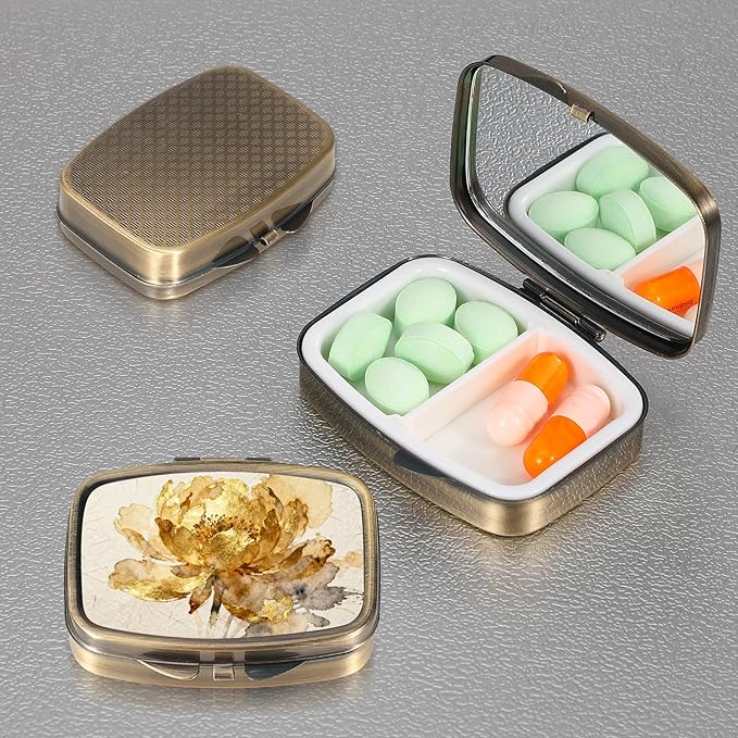 Dynippy Pill Case Pill Box with Mirror Retro Pocket 2 Compartment Medicine Case Vitamin Pill Organizer for Pocket Purse and Travel (A-Golden Flower)
