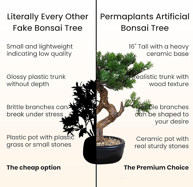 Artificial Bonsai Tree 16" Tall with Realistic Wood and Ceramic Pot, Fake Plants for Home, Bedroom and Office Desk, Japanese Decor