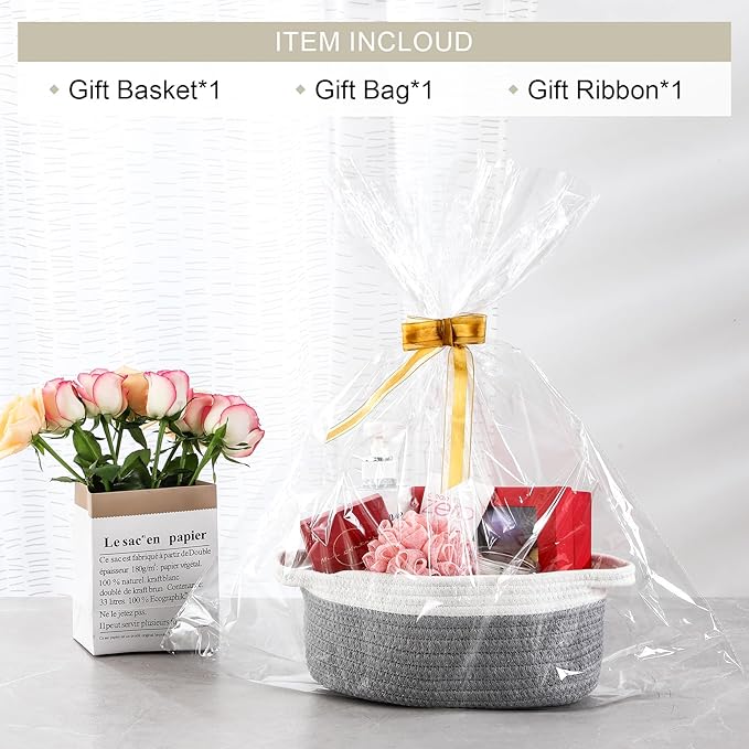 LANDNEOO Small Woven Basket with Gift Bags and Ribbons, Empty Decorative Gift Chest Box, Cute Baby Gift Basket for Nursery, Cotton Rope Room Shelf Storage Basket with Handles, 12"x 8"x 5", Gray