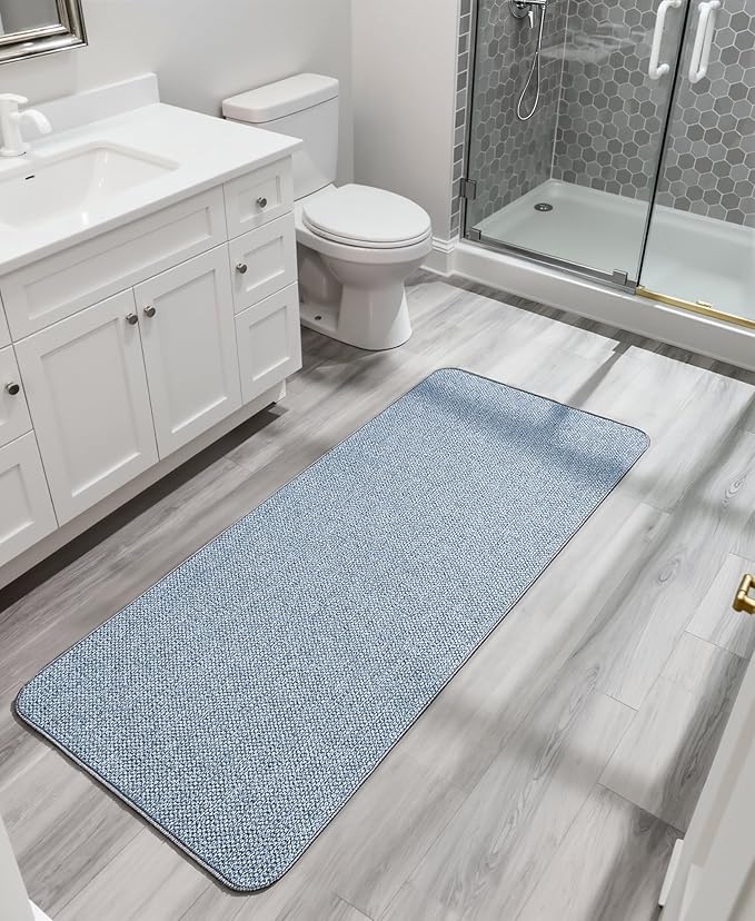 Bath Mat,Ultra Thin Bathroom Runner Rugs,Large Bath Mats for Bathroom,Quick Dry,Non-Slip,Machine Washable,Low Pile,Bath Rug,Shower Outside,Sink,Home Decor Accessories.Blue,1'5"x4'11"（17x59inch）