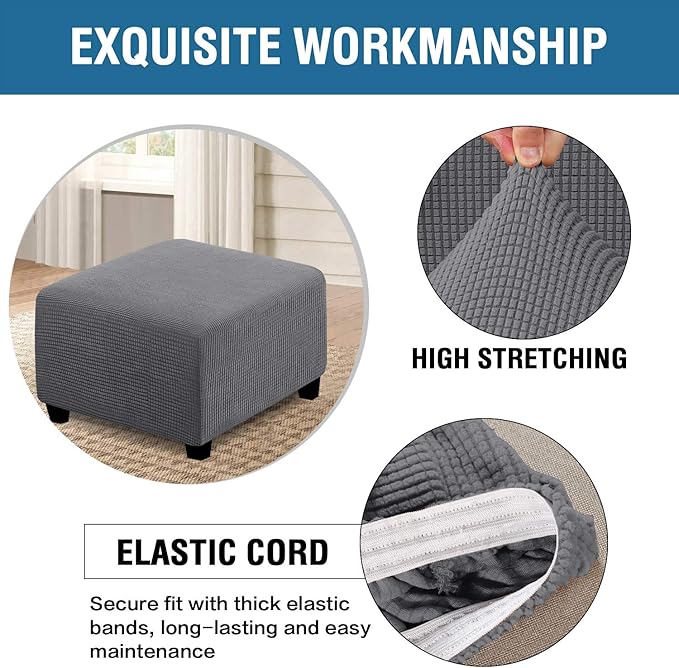 H.VERSAILTEX Square Ottoman Covers Ottoman Slipcovers Folding Storage Stool Furniture Protector Form Fit with Elastic Bottom, Stretch High Spandex Small Checks Jacquard Fabric(Medium,Grey)