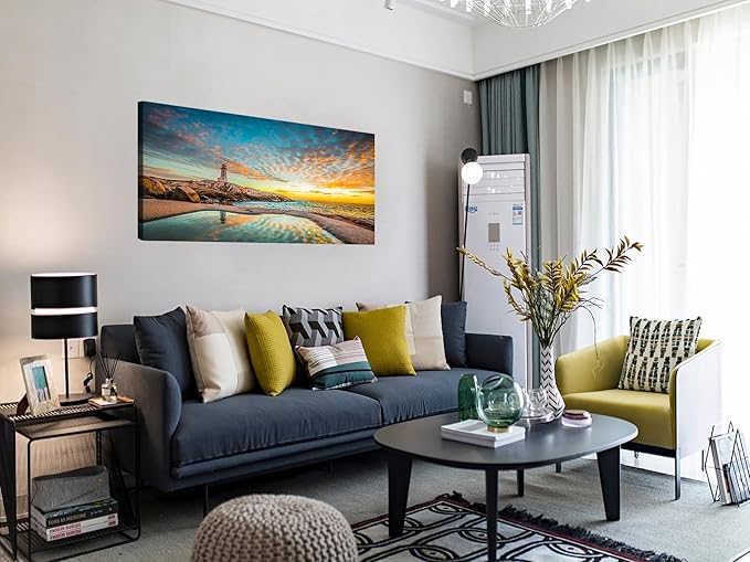 YYYYHPP YP1850 Canvas Prints Wall Art Peggy's Cove Lighthouse Sunset Ocean View Landscape Nature Pictures Stretched Canvas Wooden Framed for Living Room Bedroom and Office Wall Decor