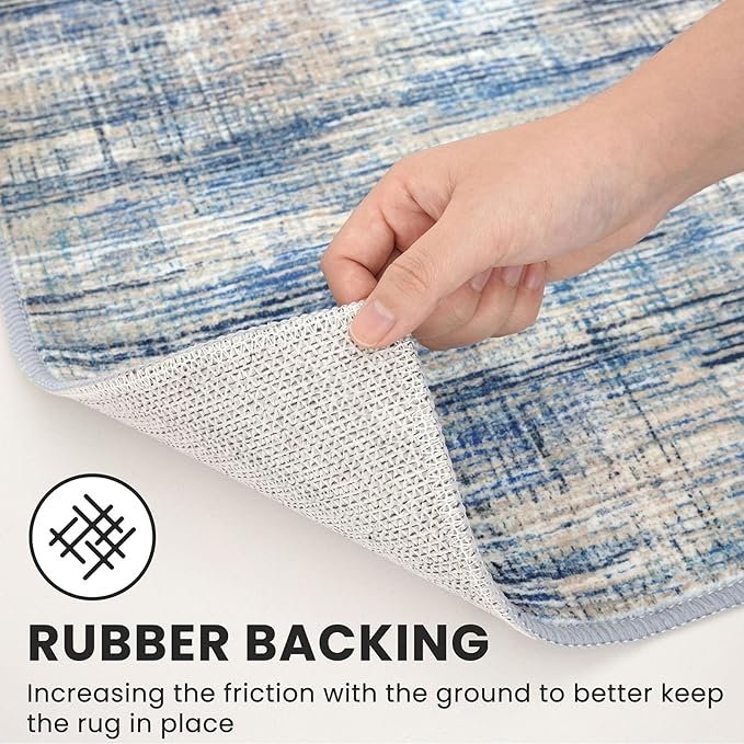 Modern Abstract Runners for Hallways 2x6, Kitchen Rug Blue Beige Washable Runner Rug Non-Slip Print Striped Ultra Thin Floor Carpet for Entryway Laundry Room Bedroom Bathroom Mat