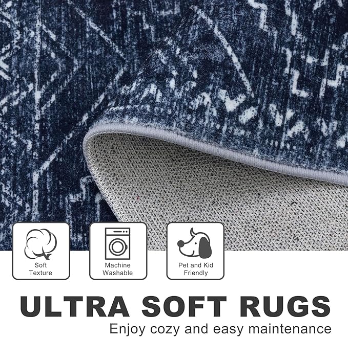 KILOCOCO Boho Kitchen Runner Rug 2x6 Washable Runner Rug, Soft Runners for Hallways Non Slip Printed Distressed Laundry Room Rugs, Low-Pile Rugs for Entryway/Bedroom/Living Room, Dark Blue