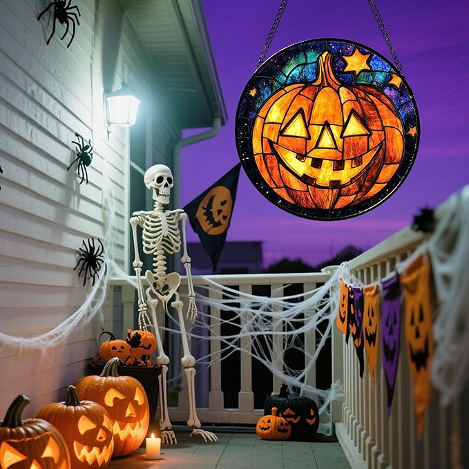 Stained Glass Window Hanging Halloween Horror Golden Pumpkin 15" - Suncatcher Door Garden Sunroom Gothic Style Sun Catcher Birthday for Friend Mom Men Woman Nana