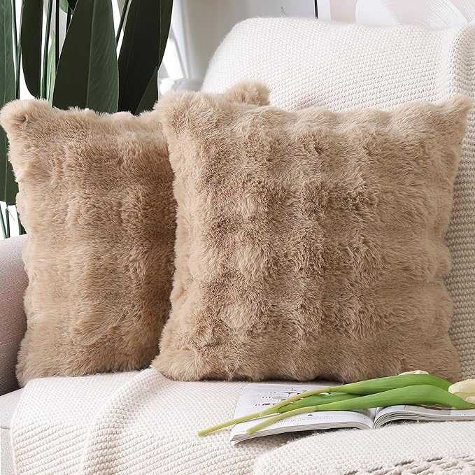 MADIZZ Pack of 2 Thick Plush Wool Throw Pillow Covers 24x24 Inch Camel Soft Neutral Decorative Throw Pillows Accent Boho Cushion Covers for Couch Sofa Bedroom Pillow Shell