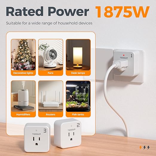 Remote Control Outlet Plug, TESSAN Wireless Light Switch Kit Indoor for String Lights, Lamps, Home Small Appliances, Wireless Power Socket 100ft RF Range, 15A/1875W (1 Remote and 3 Outlets)