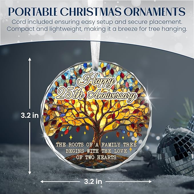 25th Christmas Anniversary Wedding Gifts for Couples - Glass Christmas Ornaments 2025 for Tree Decorations - Anniversary Wedding Gifts for Women Men Him Her Husband Wife Parents Grandparents