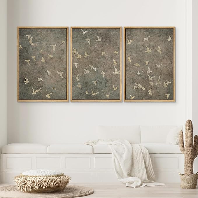 SIGNWIN Framed Canvas Print Wall Art Set Abstract Golden Birds in Flight Illustrations Modern Art Decorative Rustic Calm/Zen for Living Room, Bedroom, Office - 16"x24"x3 Natural