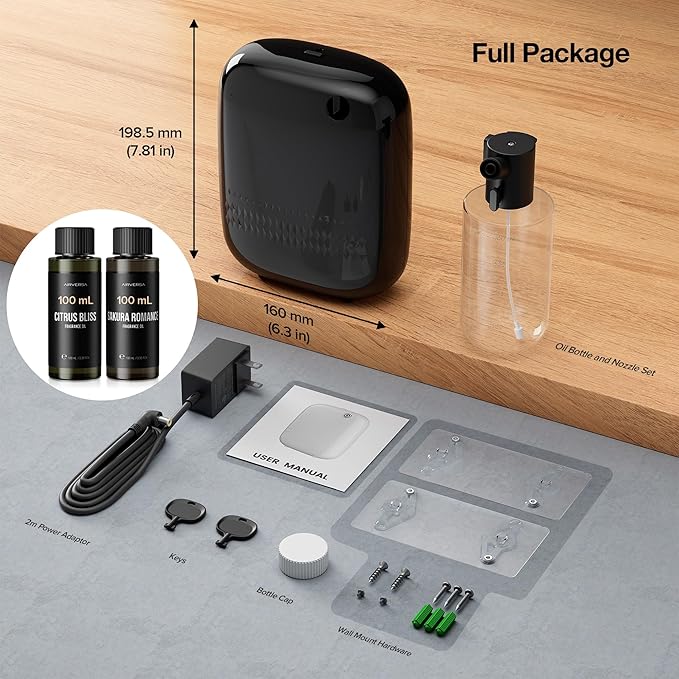Airversa Waterless Essential Oil Diffuser (400 mL Capacity) Starter Kit 200mL Fragrance Scent Oil, Up to 2000 sq ft Aromatherapy Smart Scent Air Machine for Home, Large Room, Office, ANW Black Kit