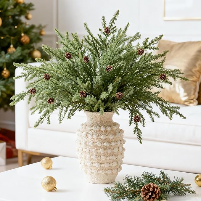 DN DECONATION Artificial Christmas Norfolk Pine Stems, Faux Pine Branches with Cones 35.4" 6PCS - Greenery Fake Pine Needles for Vase Arrangements, Winter, Holiday Indoor Outdoor Home Decor