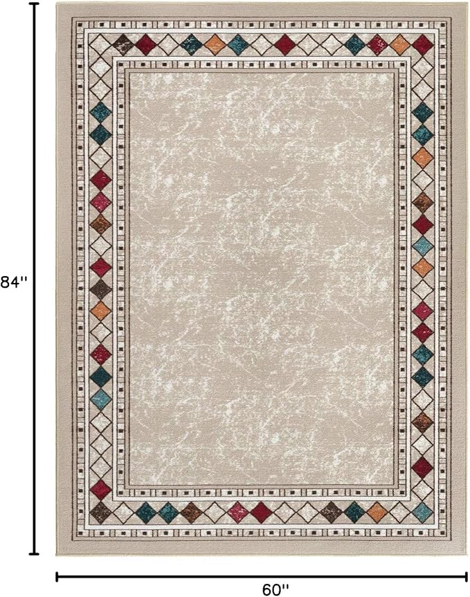Antep Rugs Alfombras Modern Bordered 5x7 Non-Skid (Non-Slip) Low Profile Pile Rubber Backing Indoor Area Rugs (Beige, 5' x 7')
