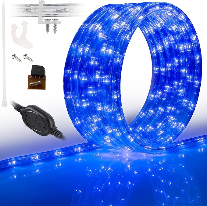 WYZworks 216LEDs, 20ft LED Outside Rope Lights, Waterproof Permanent Outdoor ETL Certified Connectable Clear Tube, Christmas Palm Tree Holiday Decorative Landscape Patio Accent Lighting - Blue
