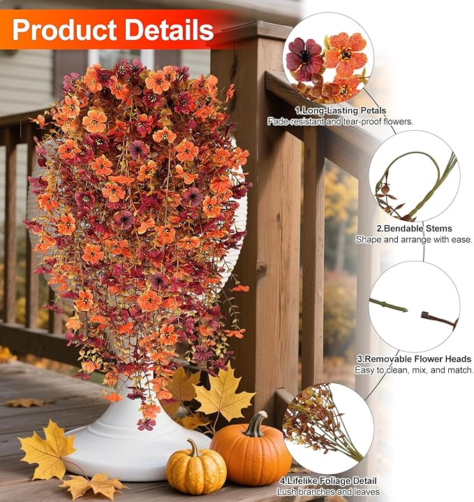 Fall Decor Artificial Flowers for Outdoor Decoration, 4Pcs Fake Hanging Flowers Mums Silk UV & Fading Resistant, Artificial Faux Plants for Home Patio Yard Garden Farmhouse Halloween