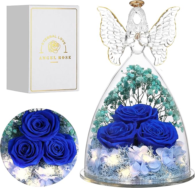 Christmas Rose Gifts for Women Preserved Real Flower in Glass Angel Figurines Roses for Delivery Prime Birthday Gifts for Mom Grandma Girlfriend Wife Her, Dark Blue