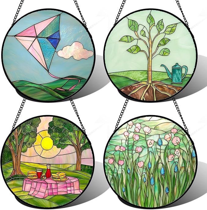 Stained Glass Window Hanging 4 Pcs Set Pink Green Spring Saplings Flowers Large 15" - Suncatcher Door Garden Sun Catcher Home Decor Mother's Day for Woman Nana Mom Men